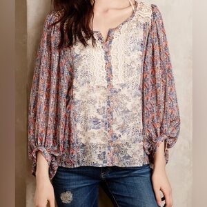 ANTHROPOLOGIE HD IN PARIS Chinoiserie Peasant‎ Blouse BOHO FLORAL SHEER Size 2